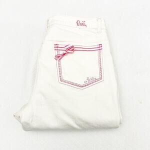Lilly Pulitzer White Denim Jeans Pink Stitching Wide Leg Size 8